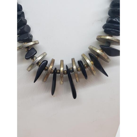 Chunky Black Onyx Statement Necklace Metal Discs Spikes Silver Plated Beads Boho - Picture 1 of 14
